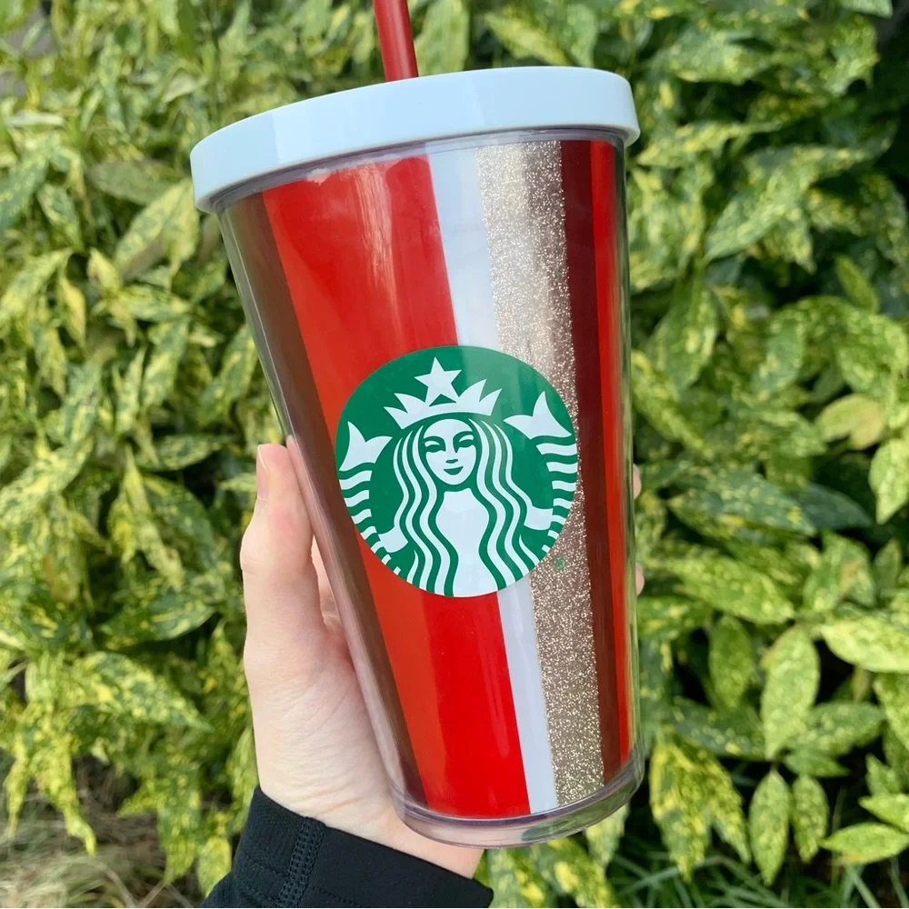 Starbucks Red White Gold Striped Cold Cup Tumbler Collectible Christmas/Holiday